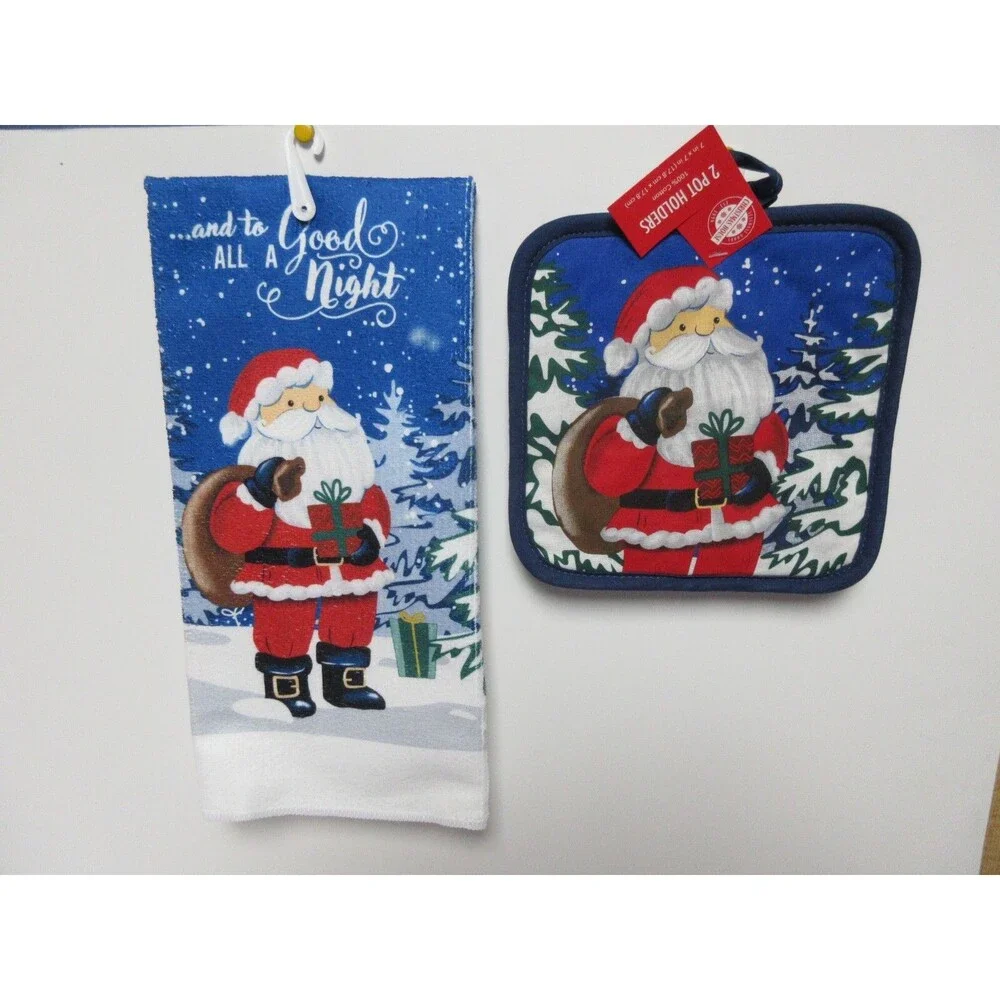Microfiber Holiday Xmas DishTowel and set of 2 potholder ALL A Good Night Santa